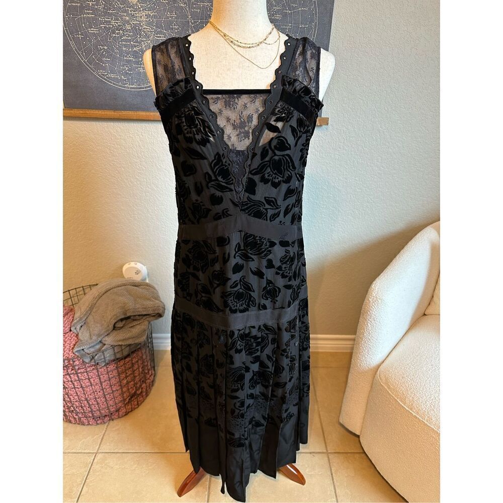 Coach Floral Devore Lace Ribbon Vintage Inspired V Neck Velvet Dress Size 8 3852